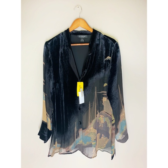 Citron Tops - Citron Silk Velvet Semi Sheer Back Button Up Tunic